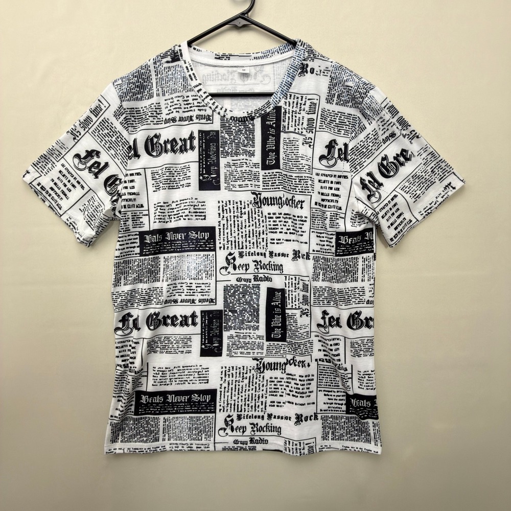 Unbranded Newspaper Print T-Shirt Mens M All Over Print White Black Regular Y2K